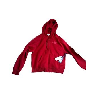 Aeropostale Sport Red Fleece‎ Zip Up Hoodie Rhinestone Sleeve Detail Women's L